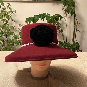 Elegant Burgundy Hat with Black Velvet Floral Accent and Rhinestone Pearl Band